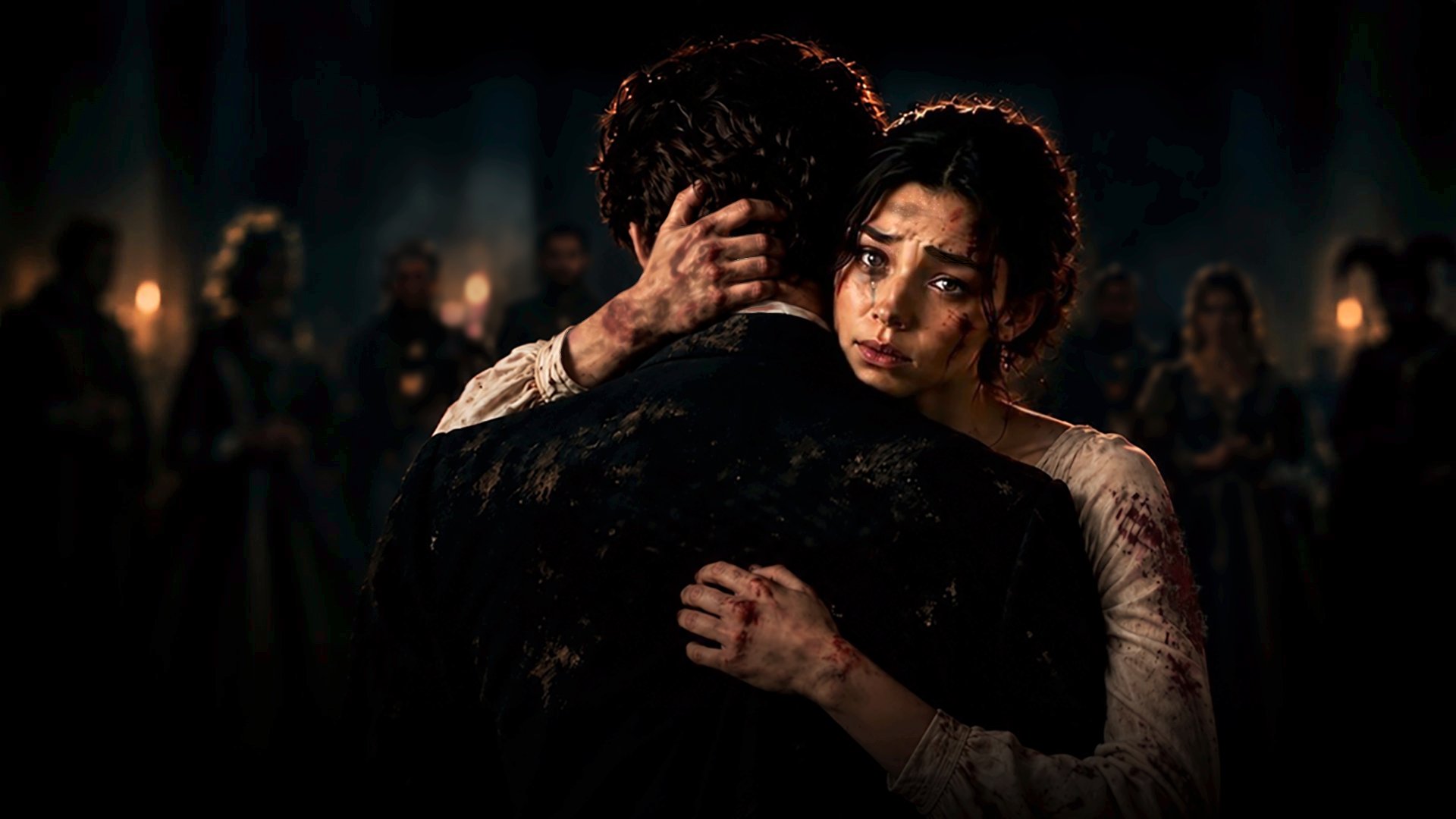 SAY MERCY key art: a bloodied young woman embraces a man in a candlelit castle hall while costumed figures watch.